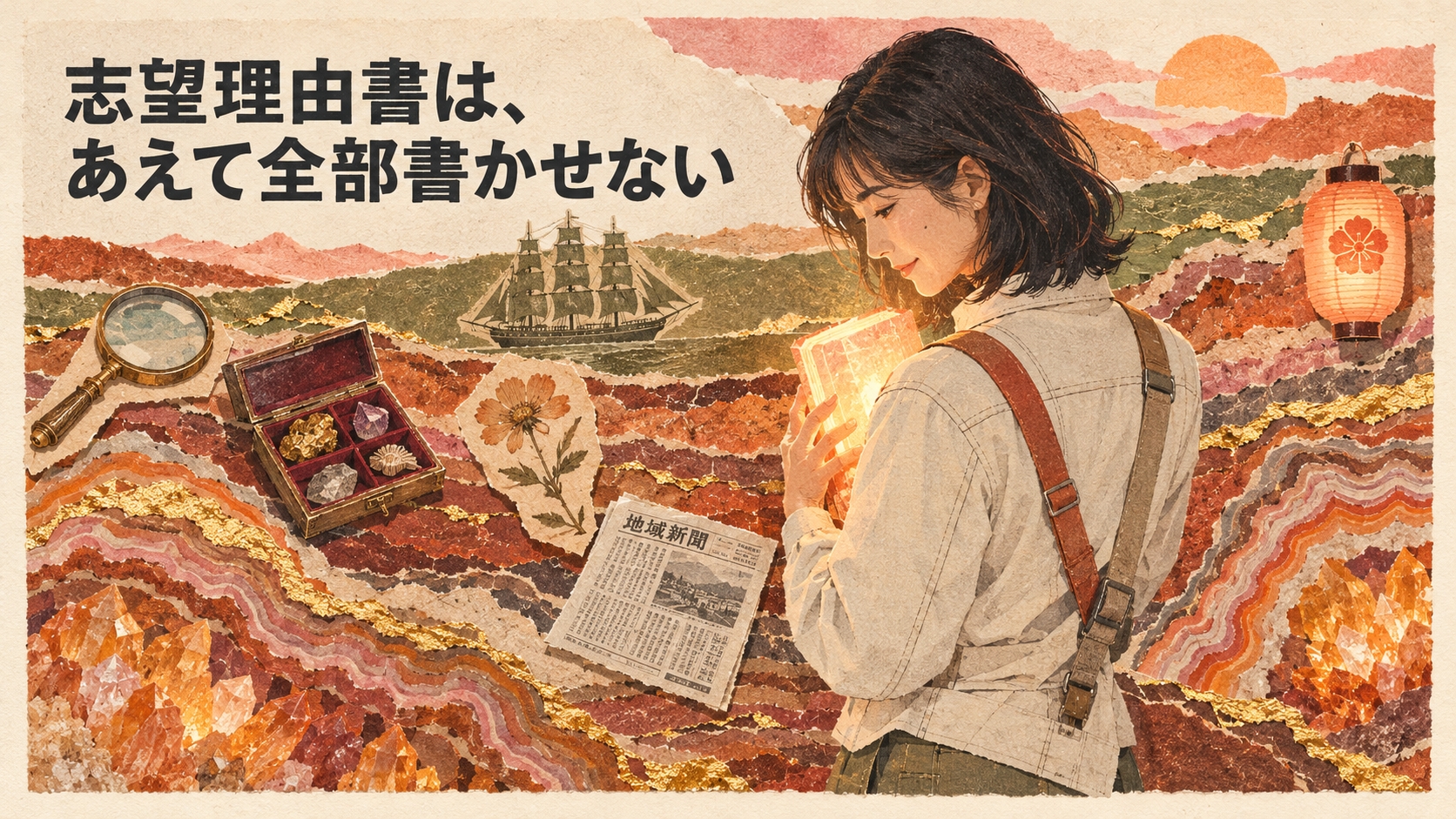 志望理由書は、あえて全部書かせない――地層から宝物を掘り起こす女性のコラージュイラスト