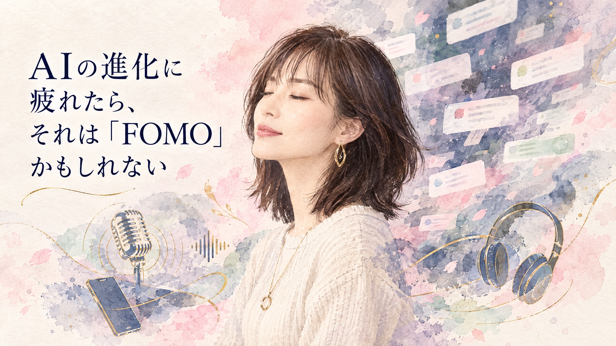 AIの進化に疲れたら、それは「FOMO」かもしれない（目を閉じて穏やかに微笑む女性の水彩イラスト）